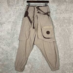 Himalaya Nepal Boho Drop Crotch Harem Pants Tan Brown Geometric S/M